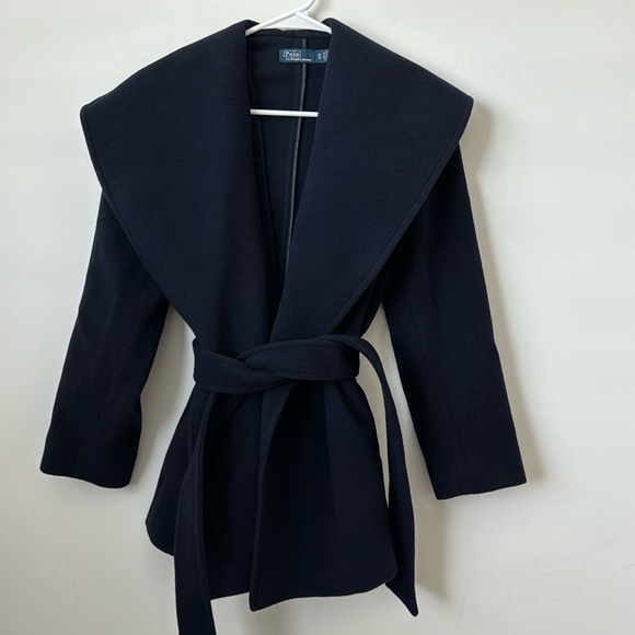 Polo Ralph Lauren Navy 100% Wool Oversized Collar Tie Waist Coat Size: XS - Picture 1 of 9